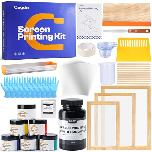 Caydo Kit de sérigraphie tout-en-un de 57 pièces avec 3 tailles de cadres de sérigraphie en bois, 15 films transparents pour jet d'encre format A4, 6 couleurs d'encre de sérigraphie, émulsion photo