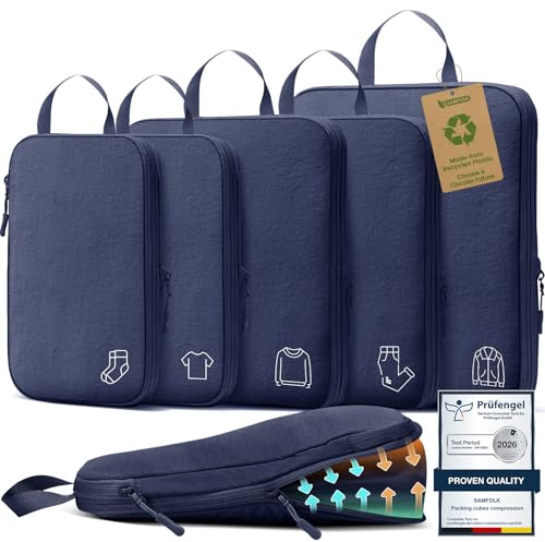Packing Cubes Compression 5 Stück, Koffer Organizer Packwürfel Travel Essentials Reise Organizer Set Packtaschen für Koffer Rucksack Marineblau