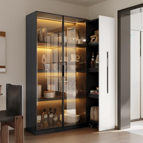 Merax Bücherschrank mit Glastüren, Multifunktionsschrank 160cm hoch, Vitrinenschrank Stehend, Glasvitrine mit LED-Beleuchtung und Schienenauszug-Regalenücherregal, Schwarz + Weiß, 110,5×35×160 cm