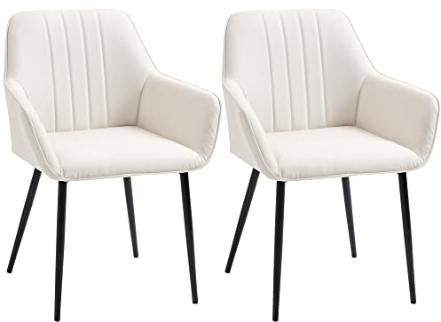 HOMCOM Pack de 2 Sillas de Comedor, Sillas de Cocina Modernas, con Asiento Acolchado y Tapizado, Respaldo Curvo, Reposabrazos, Patas de Metal, para Salón, Beige