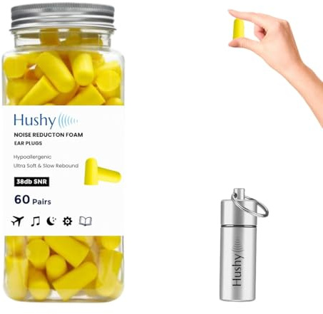 Hushy Premium Foam Earplugs for Sleep & Noise Cancelling, 120 Pack (Yellow) – 38dB SNR Ultra Soft Hypoallergenic Ear Plugs for Sleeping, Study & Travel with Carry Case
