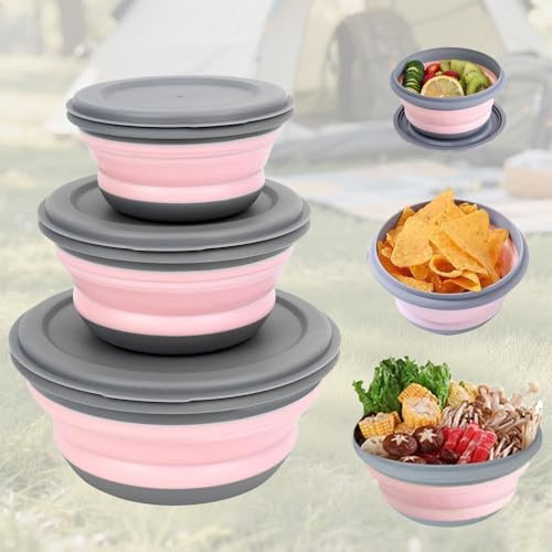 Komoke Ciotola pieghevole con coperchio, 3 pezzi, ciotola pieghevole da campeggio, insalatiera portatile pieghevole e ciotola da campeggio, per cucina, campeggio, attività all'aperto, accessori da