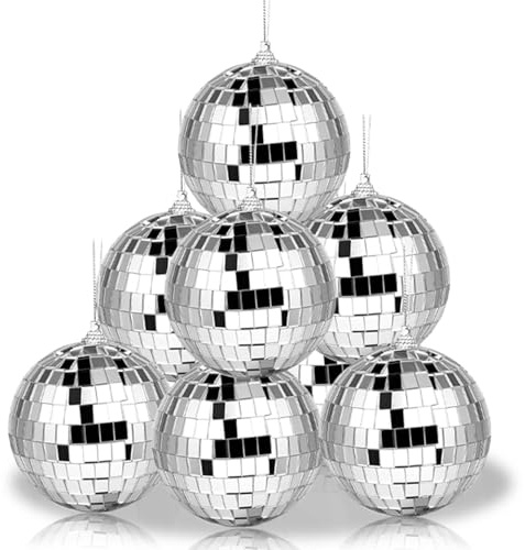 8Pcs 6cm Disco Ball Decorations,Silver Glitter Balls Hanging Disco Light Mirror Balls Sparkly,Christmas Tree Bauble Hanging Ball for 70s 80s DJs Retro Party Wedding Birthday Stage Prop Lighting Effect