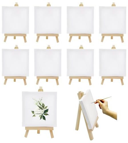 HMCEY 9 Stück Mini Leinwand mit Staffelei 10 X 10 CM,Kleine Leinwände zum Bemalen,Mini Staffelei für Den Tisch Staffeleien Kinder,Ständer Leinwand Halterung Holz,Faltbarer Tischstaffelei für DIY