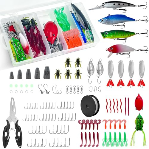 174 PCS Fishing Lure Accessories, Including Plastic Worms, Frogs, Fish Hooks, Pliers, Fish Lines, Suitable for Father's Day, Birthday, or Christmas