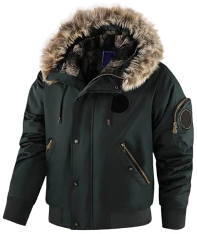 Generisch Giacca da uomo invernale con cappuccio in pelliccia - Giubbotto imbottito con cappuccio e tasche con cerniera | Calda giacca parka per i giorni freddi, M