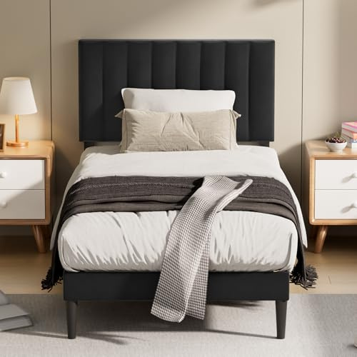 KUTAS Polsterbett 90x200 cm, Bettgestell mit Höhenverstellbarem Kopfteil und Lattenrost, Stabiler Bettrahmen, Bis 260 kg, Gepolstertes Bett, Kein Boxspring erforderlich, Einfache Montage, Schwarz