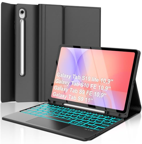 Funda Teclado para Samsung Galaxy Tab S10 lite/S10 FE/S9 FE 10,9''/S9 11'' | Teclado con Touchpad, QWERTY Español Ñ, Magnético Desmontable Bluetooth Teclado, Retroiluminado de 7 Colores(Negro)