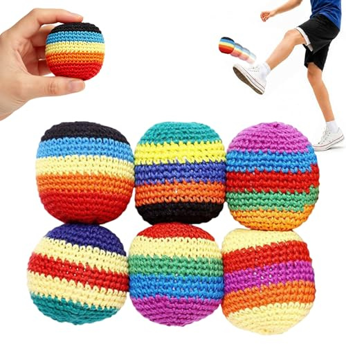 FUFRE Footbag Set Rainbow 6 Stück, Hacky Sack Ball Jonglierbälle, Gestrickte Lachsack Footbags Haggysack, Handgefertigte Hackysack Bälle Gehäkelte Baumwolle mit Granulatfüllung Schaumstoff
