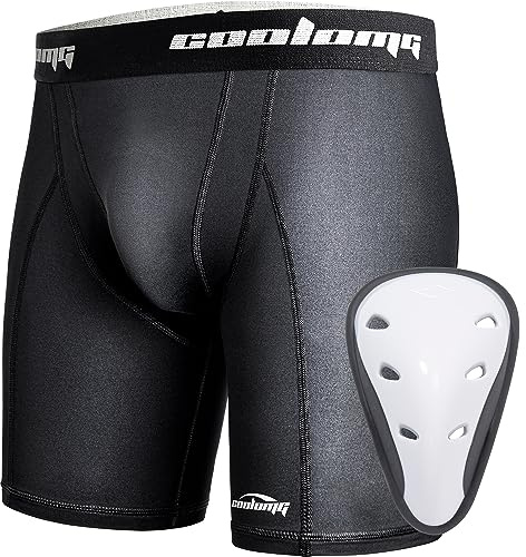 COOLOMG Sports Compression Shorts with Cup Youth Boys Sliding Shorts Baseball Football Protective Tights Training Pants - Black - Medium
