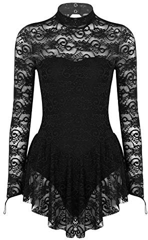 iEFiEL Damen Ballettkleid Rollkragen Spitzen Eiskunstlauf Kleid Tanzkleid Langarm Ballettanzug Trikot Body Wettkampf Sportkleid Schwarz S