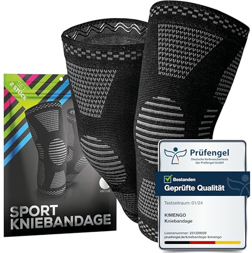 KIMENGO Kniebandage 2er Set Größe L – 4-fach Kompression, atmungsaktiv, Sport Knieschoner in Schwarz/Grau
