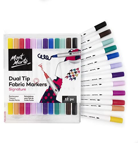 Mont Marte Textilstifte Set – 12 Stück – Textilmarker – Dual Tip Stoffmalstifte für Anfänger und Profis