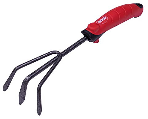 Amig - Rastrello da Giardino con Manico in ABS | Scarificatore a 3 Plettri in Acciaio per Raccogliere Materiale Organico di Colore Rosso-Nero | Misure - 13 1/2