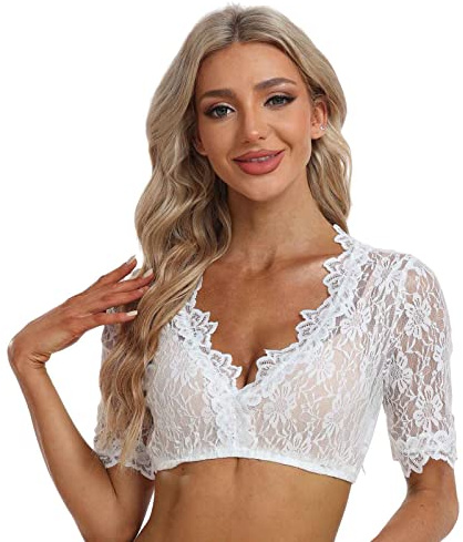Jecarden Damen Dirndlbluse Spitze Trachten Kurzarm Oktoberfest Halbarm Bluse Weiß 44