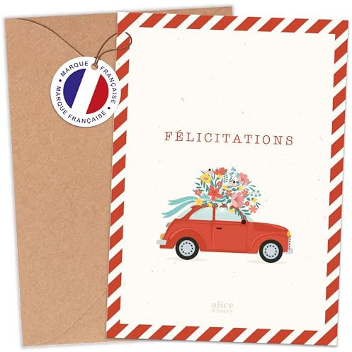 Aliceandberry - Tarjeta de felicitación de boda original – Ceremonia feliz boda – Coche vintage campestre – Sobre kraft incluido