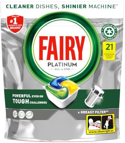 Fairy Platinum All In One Dishwasher Tablets, Lemon, 21 Tablets