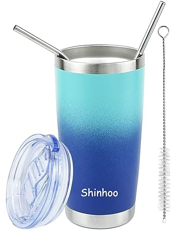 Shinhoo 20oz Insulated Travel Mug, 550ml Reusable Stainless Steel Coffee Cup Tumbler with Straw and Lid for Hot Cold Drinks, Dishwasher Safe, Blue
