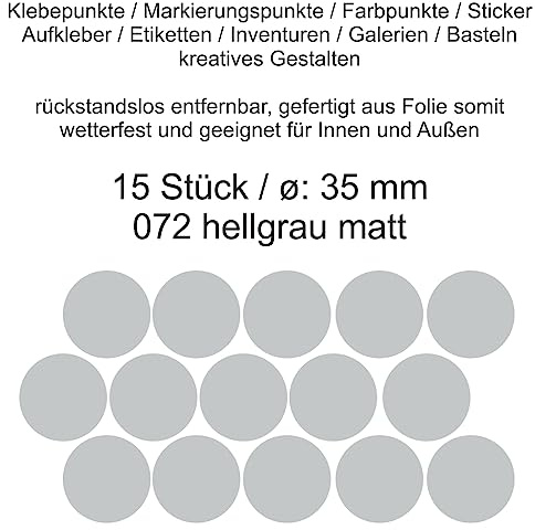 Aufkleber Etiketten Klebepunkte aus Folie 15 Stück grau hellgrau rund 35 mm selbstklebend farbig wetterfest Decal Markierungen Organisieren DIY basteln verzieren Modellbau Scrapbooking