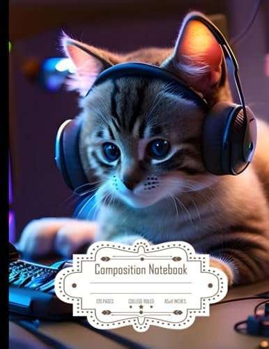 Composition Notebook College Ruled: Funny Cute Kitty Gamer with Headphones, Ideal for Gaming Enthusiasts, Size 8.5x11 Inches, 120 Pages