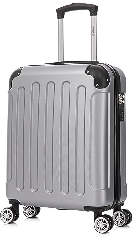 RAYKONG Maleta Cabina ABS 55x40x20cm 44L - Maxima aprovechamiento de Capacidad - 4 Ruedas Giratorias Dobles con 360ª - Candado Incrustado - Plateado