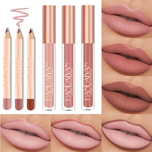 Likesing 6 Stück Lipliner Set Lippenstift Nude Pink Matte Lipstick Permanent Lip Liner Balm Lipgloss Roter 24 Stunden Long Lasting Lips Make up Kits Madame Geschenk (6 Stück (Lippenstift+Lipliner))