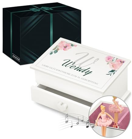 Maverton Jewelkeeper mit Aufdruck - Schmuckschatulle mit Spieluhr Ballerina - Musikschmuckdose für Mädchen - Schmuckkästchen zur Taufe - zur Erstkommunion - zum Geburtstag - mit Schublade - Name