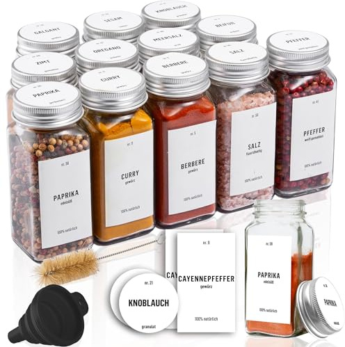 Deco haus® Gewürzgläser eckig luftdicht 12er Set [inkl. Etiketten & Streueinsatz] - Gewürzdosen Set Glas - Gewürzbehälter Spice Jars - Gewürze Aufbewahrung - Behälter für Gewürze - Gewürzaufbewahrung