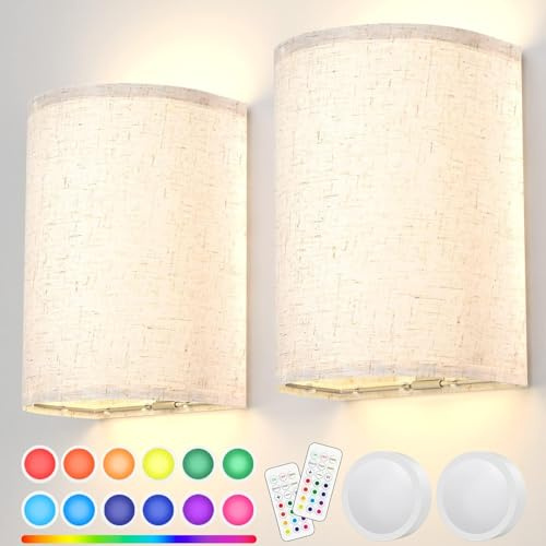 HURYEE Wall Lights Set of 2,Battery Operated Wall Light Fabric Wall Sconce Rechargeable Wall Lights with Remote,LED Wall Lamps in RGB+Warm White,Dimmable Timer for Bedroom and Living Room Lighting