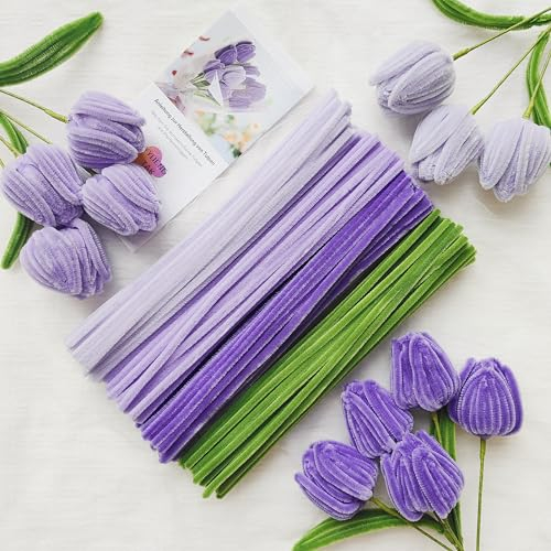 YYUENG TAK 200 pcs Purple Pipe Cleaners for Craft flowers,Pipe Cleaners for Tulip Bouquet (4 Colors),Pipe Cleaner flowers kit with Tutorial and 12 pcs Flower Stems,Chenille Stems DIY Arts & Crafts