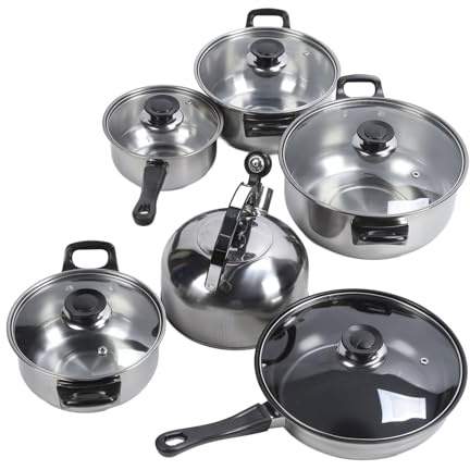 Juego de Utensilios de Cocina de Acero Inoxidable de 6 piezas: Juego de Utensilios de Cocina Antiadherentes, Cacerola con Placa de Inducción, Olla, Sartén y Tetera con Mango de
