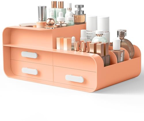 BTGGG Makeup Organiser Cosmetics Storage with Drawers Multifuctional Skincare Organiser for Vanity Make-up Storage Box for Dressing Table Bedroom Bathroom, Orange Pink
