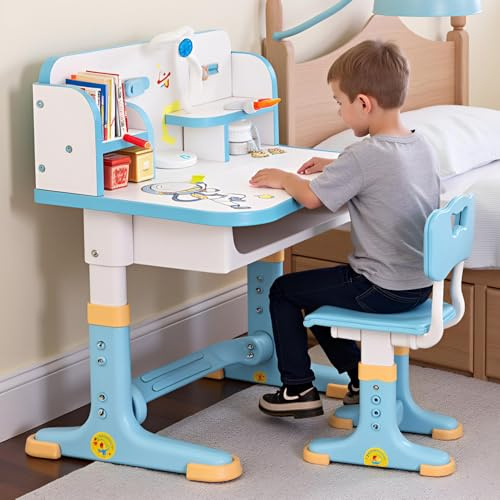 ilkqeppe Kinder-Schreibtisch- und Stuhl-Set, Stehpult, verbreiterter Schreibtisch, mehrfach getrennt, Cartoon-Muster, Schreibtischstuhl-Set, höhenverstellbarer Kinder-Lerntisch mit Schubladen-Stuhl-