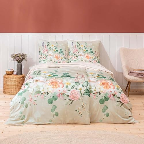 ESTELLA Biancheria da letto in jersey makò, 135 x 200 cm, Marlene, verde, rose, mare di fiori, 6291-530