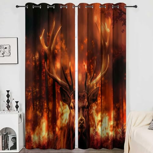 CozyRest Kinder Vorhänge Flammendes Waldtier, Hirsch Ösen Gardinen mit Blickdichte Thermo Vorhang Kälteschutz Blackout Curtain Kinderzimmer Schlafzimmer Ösenvorhang Elch H160 x B70cm