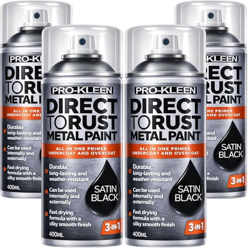 Pro-Kleen Direct to Rust Metal Paint 4 x 400ml - For Use on Metal, Wood, Furniture, Rust, Outdoor & Indoor Surfaces - 3-in-1 Primer, Undercoat & Topcoat - Black Satin Finish