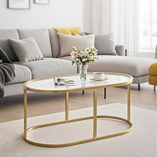 Soffbord guldglas soffbord för vardagsrum, ovalt glasbord mittbord med ribbad glasskiva och robust metallram, modernt accentbord i glas för sovrum och hemmakontor