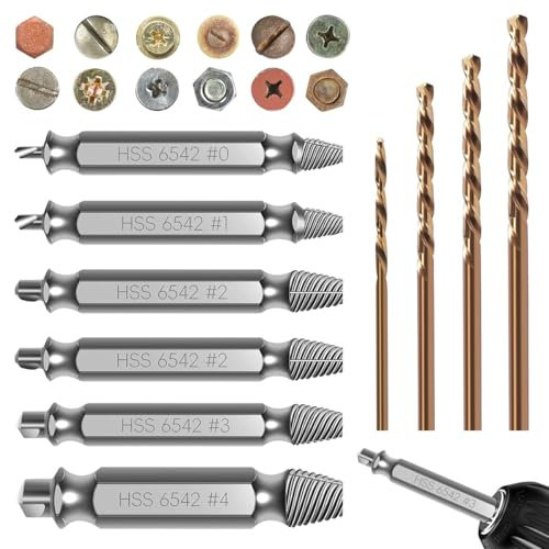 Juego de Extractor de Tornillos 10 piezas, 6 Extractores Izquierdos, 4 Brocas Helicoidales, Extractor de Acero HSS 6542, para Taladrar y Extraer Tornillos Dañados de Forma Profesional.