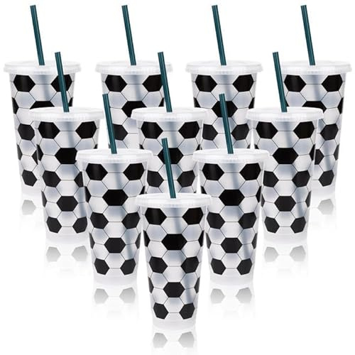 Kklolai 10 vasos de plástico reutilizables de fútbol de 24 onzas con tapa y popote, regalos de fiesta de cumpleaños para entrenadores, aficionados, hombres, mujeres, decoración de equipo deportivo
