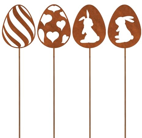 lafomukea 4 er Edelrost Oster Eier Gartenstecker Deko, Osterdeko für draußen Gartenstecker für Terrasse Balkon Blumentopf
