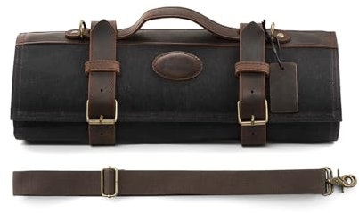 Borsa portacoltelli da chef - Custodia professionale for coltelli da chef - Tela cerata e pelle Crazy Horse - Con 12 scomparti più 2 tasche con cerniera for contenere gli utensili da cucina - Borsa po
