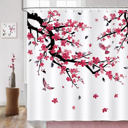 COZZSNUGE Tenda Doccia Fiori Rosa Rosso, Tenda da Bagno Fiore di Prugna Uccelli 183 x 183 cm Poliestere Impermeabile Antimuffa 12 Ganci