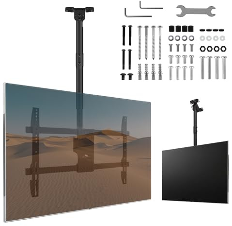 Maclean Soporte de Techo para TV de 43 a 86 Pulgadas, Capacidad de Carga de 60 kg, inclinable a 25°, Giratorio 180°, Altura Ajustable 485 – 925 mm, VESA hasta 600 × 400 mm, gestión de Cables, Acero