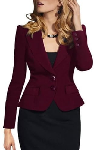 Blazer da Donna Blazer Corto da Donna vestibilità Slim Giacca A Due Bottoni Elegante Giacca da Lavoro Cappotto Casual Cardigan Aperto sul Davanti con Tasche Completo Capospalla Bordeaux Rosso Tagli