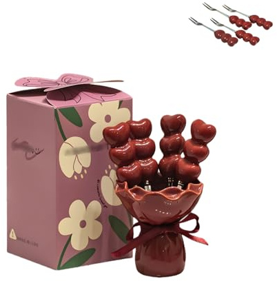 Flower Shaped Fruit Forks 4-Piece Set with Ceramic Holder - Stainless Steel Small Snack Kitchen Dining Utensils for Parties, Picnics, Household Fruit Forks