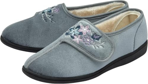 Dr Keller Womens Velour Faux Fur Lined Memory Foam Ladies Wide Opening Adjustable Slippers (Grey, 5 UK, UK Footwear Size System, Adult, Women, Numeric, Medium, 5)