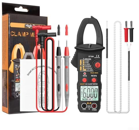 Klämmätare 600 A digital med 6 000 stycken TRMS automatisk räckvidd multimeter designad för elektrisk diagnostik inklusive NCV, frekvens- och motståndstestning (är svart)