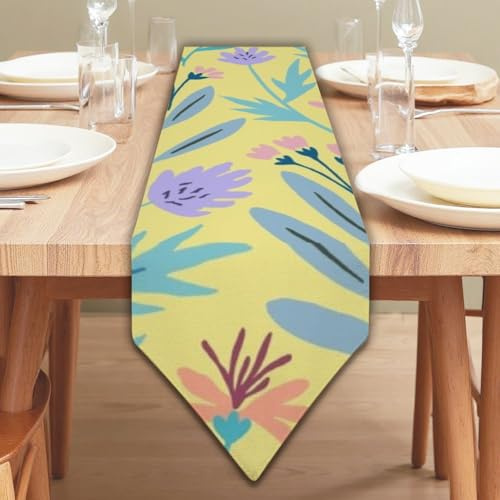 Purple Pink Flowers Light Blue Leaves Table Runner Table Turner for Dining Cotton Runner Spring Decorations Cute Easter Decor for Home Kitchen Dining Holiday Decor 14 × 108 inch