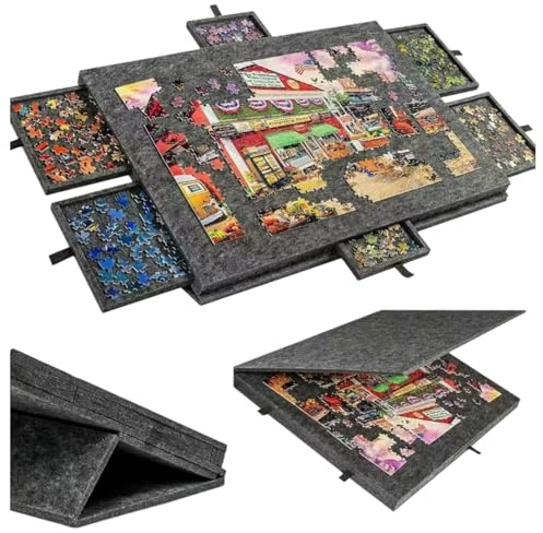 Tablero de Rompecabezas Fieltro (1000 Piezas) - 6 Cajones, Portátil con Soporte Ajustable (Gris Oscuro/Gris Plateado/Negro), Cubierta Protectora para Adultos y Niños (Negro)