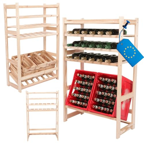 MODO24 Kombiregal Holz 111,4x70x33cm, Standregal aus Kiefer Massivholz mit 4 Flaschenablagen & 1 Kistenboden, vielseitiges Haushaltsregal Vorratsregal für Keller Küche, Ordnungssystem, Natur